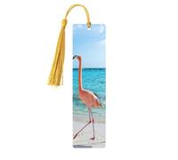 Pink Flamingo On Beach Print 5pcs Wooden Bookmarks with Tassels, Reading Page Markers Book Marks, Gifts for Men Women