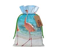 Pink Flamingo on Beach Printed Christmas Drawstring Bags with Green Ribbon - Reusable Burlap Drawstring Gift Pouches, S