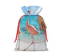 Pink Flamingo on Beach Printed Christmas Drawstring Bags with Red Ribbon - Reusable Burlap Drawstring Gift Pouches, S