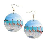 Pink Flamingo On Beach Printed Leather Earring Set For Women, 1 Pair Lightweight Bohemian Pierced Earrings Jewelry Gift For Women Girls