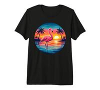 Pink Flamingo Palm Tree Beach Sunset Tropical Summer Premium T-Shirt