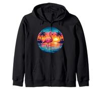 Pink Flamingo Palm Tree Beach Sunset Tropical Summer Zip Hoodie