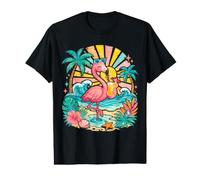 Pink Flamingo Palm Tree Tropical Summer Beach Vacation Women Value Graphic T-Shirt