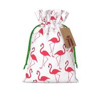 Pink flamingo pattern Printed Christmas Drawstring Bags with Green Christmas Ribbon - Reusable Burlap Drawstring Gift Pouches, S