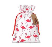 Pink flamingo pattern Printed Christmas Drawstring Bags with Red Christmas Ribbon - Reusable Burlap Drawstring Gift Pouches, S