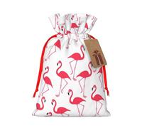 Pink flamingo pattern Printed Christmas Drawstring Bags with Red Ribbon - Reusable Burlap Drawstring Gift Pouches, M