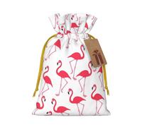 Pink flamingo pattern Printed Christmas Drawstring Bags with Yellow Christmas Ribbon - Reusable Burlap Drawstring Gift Pouches, M