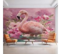 Pink Flamingo Photo Wallpaper, Watercolor Tropical Flowers Bird Wallpaper Mural, 500x350cm Wall Paper for Bedroom Living Room, Non-Woven Wall Mural Room Decor EL&D56