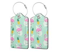 Pink Flamingo Pineapples Print Luggage Tags Durable Pu Leather Suitcase Tags with Flip Design, Waterproof & Privacy Protection Easy to Identify Travel Bag Tags for Airports, Hotels & More