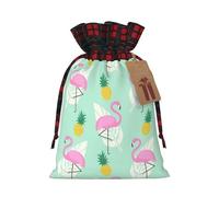 Pink Flamingo Pineapples Printing Color Matching Plaid Drawstring Christmas Bag With Kraft Tag 4.7x6.9 In For Halloween
