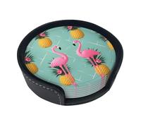 Pink Flamingo Pineapples Round Leather Coasters (6 Pieces) - Drink Coaster Set For Desk, Modern Easy To Clean Home Office & Farmhouse Coasters