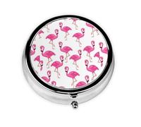 Pink Flamingo Print Compact Circular Mini Pill Box - All-Over Print Design, Metallic Electroplated Iron Material â€“ A Handy Organizer for Your Daily Medication Needs