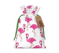 pink flamingo Printed Christmas Drawstring Bags with Green Christmas Ribbon - Reusable Burlap Drawstring Gift Pouches, S
