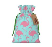 Pink Flamingo Printed Christmas Drawstring Bags with Green Christmas Ribbon - Reusable Burlap Drawstring Gift Pouches, S