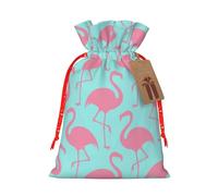 Pink Flamingo Printed Christmas Drawstring Bags with Red Christmas Ribbon - Reusable Burlap Drawstring Gift Pouches, M