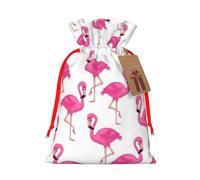 pink flamingo Printed Christmas Drawstring Bags with Red Ribbon - Reusable Burlap Drawstring Gift Pouches, S