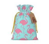 Pink Flamingo Printed Christmas Drawstring Bags with Yellow Christmas Ribbon - Reusable Burlap Drawstring Gift Pouches, M