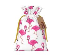 pink flamingo Printed Christmas Drawstring Bags with Yellow Christmas Ribbon - Reusable Burlap Drawstring Gift Pouches, M