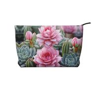 Pink Flamingo Succulent Plants Corduroy Makeup Bag Travel Organizer Bag Cosmetic Bag Large Wide-Open Pouch