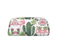 Pink Flamingo Succulent Plants Leather Zipper Three-Dimensional Pencil Case, Simple and Elegant, Fashionable and Practical