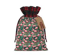 Pink Flamingo Succulent Plants Print Christmas Drawstring Gift Bag Xmas Bags Festive Plaid Design Presents Packaging