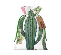 Pink Flamingo Succulent Plants Printed Christmas Drawstring Bags with Green Ribbon - Reusable Burlap Drawstring Gift Pouches, M