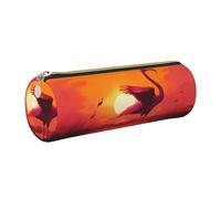Pink Flamingo Sunset Printed Cylindrical Leather Pencil Case for Girls Boys, Gold Zipper Pencil Bag Pen Pouch Organizer for Student School Office College
