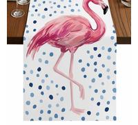 Pink Flamingo Table Runner, Art Blue Polka Dots Animals Elegant Standing Bird Cotton and Table Linen Runner for Kitchen Dining Home Decor for Party Festival Holiday Decoration Gift 13x60in