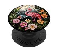 Pink Flamingo Tropical Flowers Round Artwork PopSockets Adhesive PopGrip