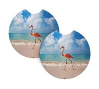 Pink Flamingo Walking on The Beach Patterned Car Coasters - 2 Pack - 2.7" Diameter Car Coasters Home Decor Desk Protectors