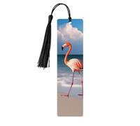 Pink Flamingo Walking On The Beach Wooden Bookmarks 5 Pcs,Handmade Double-Sided Printed Book Marks Page Markers with Black Tassels Book Accessories Gift for Book Lovers Women Men