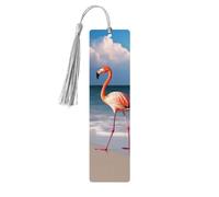 Pink Flamingo Walking On The Beach Wooden Bookmarks 5 Pcs,Handmade Double-Sided Printed Book Marks Page Markers with Gray Tassels Book Accessories Gift for Book Lovers Women Men