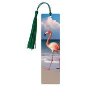 Pink Flamingo Walking On The Beach Wooden Bookmarks 5 Pcs,Handmade Double-Sided Printed Book Marks Page Markers with Dark Green Tassels Book Accessories Gift for Book Lovers Women Men