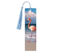 Pink Flamingo Walking On The Beach Wooden Bookmarks 5 Pcs,Handmade Double-Sided Printed Book Marks Page Markers with Sky Blue Tassels Book Accessories Gift for Book Lovers Women Men