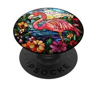 Pink Flamingo with Flowers Round Artwork PopSockets Adhesive PopGrip
