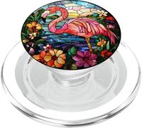 Pink Flamingo with Flowers Round Artwork PopSockets PopGrip for MagSafe