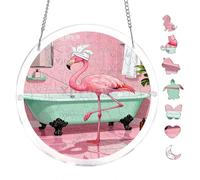 Pink Flamingo with Turban in Bathroom 7.8x7.8in Round Acrylic Hanging Puzzle | Creative Home Accent with Visual Appeal