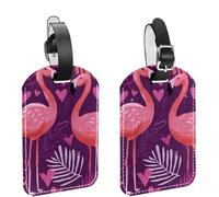 Pink Flamingos and Hearts Seamless Pattern Luggage Tags for Suitcase, 2 Pack Leather Baggage Identifier with Privacy Flap and Name ID Label for Women Men Travel