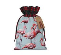 Pink Flamingos Christmas Drawstring Linen Gift Bag Paired With Scottish Plaid Fabric, With A Delicate And Simple Texture