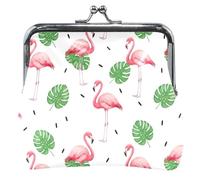 Pink Flamingos Green Leaves White Leather Coin Purses & Pouches Cute Kiss Lock Buckle Coin Change Pouch Wallet