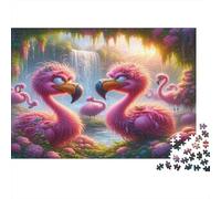 Pink Flamingos Jigsaw Puzzle Waterfall Oasis 1000Pc Recycled Paper Adults Jigsaws Impossible Hard Challenge Brain Thinking Home Activity Great Gift 38x26cm/1000pcs