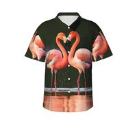 Pink Flamingos Kiss in The Lake Mens Hawaiian Short Sleeve Shirt Summer Printed Business Casual Beach Surfing Boating