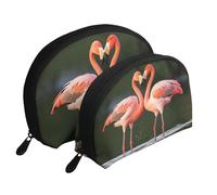 Pink Flamingos Kiss in The Lake Portable Shell Cosmetic Bag Set - Travel Makeup Organiser with Zipper & Inner Compartments