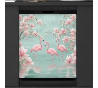 Pink Flamingos Lake Lotus Flower Dishwasher Magnet Cover Sticker for Kitchen Appliance Decor,Reusable Magnetic Refrigerator Covers Fridge Panel Decal