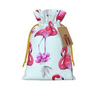 Pink Flamingos Printed Christmas Drawstring Bags with Yellow Christmas Ribbon - Reusable Burlap Drawstring Gift Pouches, S