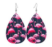 pink flamingos Printed Dangle Leather Earrings, Reversible Statement Jewelry with Silver Plated Hooks