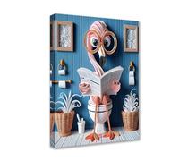 Pink Flamingos Sitting on Toilet Posters Prints 1P Animal Wearing Glass Reading Books Canvas Wall Art Modern Pictures Artwork for Living Room Bathroom Home Decor Gallery-Wrapped Easy Ready to Hang