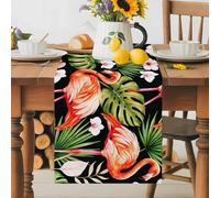 Pink Flamingos Table Runner 16x72 Inches Long Green Tropical Leaf Hibiscus Flower Botanical Cotton Linen Table Runner Burlap Style for Dinner Table Party Decor Tabletop Decorations