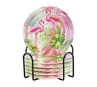Pink Flamingos Tropical Plants Coasters Table Absorbent Set, 6 Pcs Cute Drinks Tea Coaster, Minimalist Absorbable Coasters