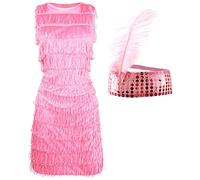 Pink Flapper Dress - Small - Childs Flapper Fancy Dress Costume with Fringing - Matching Sequin Headband and Feather - 1920s Charleston Dress